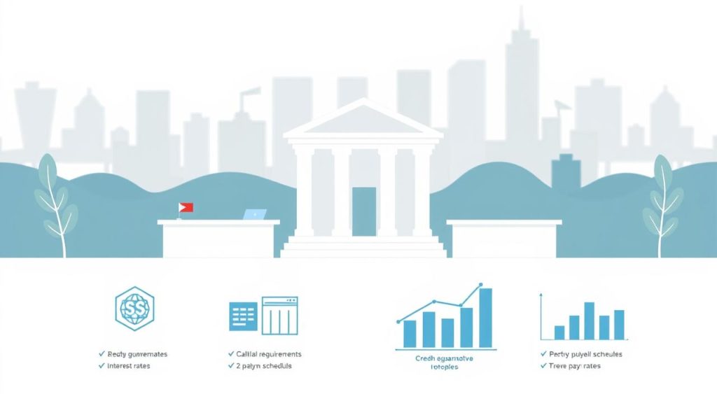 A modern, clean-cut financial illustration depicting the key elements of credit guarantees and rates. A minimalist layout with crisp, geometric shapes in a muted color palette of blues, greys, and whites. The foreground showcases simplified icons and graphs representing the critical factors of personal loan terms - interest rates, collateral requirements, and repayment schedules. The middle ground features sleek, architectural elements hinting at the institutional setting, such as stylized bank counters or cooperative signage. The background is a softly blurred cityscape, conveying the broader economic context. The overall mood is one of professionalism, trust, and transparency, reflecting the objective comparison of lending options. Condições, Taxas e Garantias
