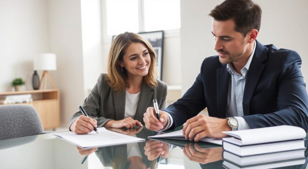 Consignado para Servidor: Como Pagar Juros Menores com 3 Ajustes Simples 3 A secure and uncomplicated credit contract signing, featuring a professional financial advisor guiding a client through the process. The scene is set in a modern, well-lit office with minimalist decor, creating a calm, trustworthy atmosphere. The advisor and client are seated at a polished desk, engaging in a focused discussion, with documents and a pen readily available. The client's expression conveys a sense of confidence and understanding, while the advisor's body language exudes expertise and care. Soft, directional lighting accentuates the participants' faces, establishing an air of transparency and professionalism. The overall composition emphasizes the importance of a secure, straightforward financial transaction.