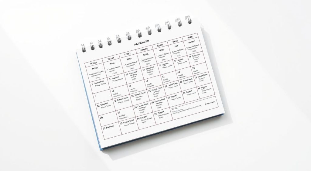 Antecipação do 13º: Dinheiro Rápido que Pode Custar Caro — Entenda 3 Detailed calendar of INSS (Brazil's National Institute of Social Security) payment dates, displayed on a clean, minimalist desk surface. The calendar prominently features important due dates, payment schedules, and relevant information for retirees and pensioners. Soft, even lighting casts gentle shadows, creating a sense of professionalism and organization. The composition places the calendar as the central focus, with a slight angle to provide visual interest. The overall tone is informative and authoritative, reflecting the importance of understanding social security payment obligations.