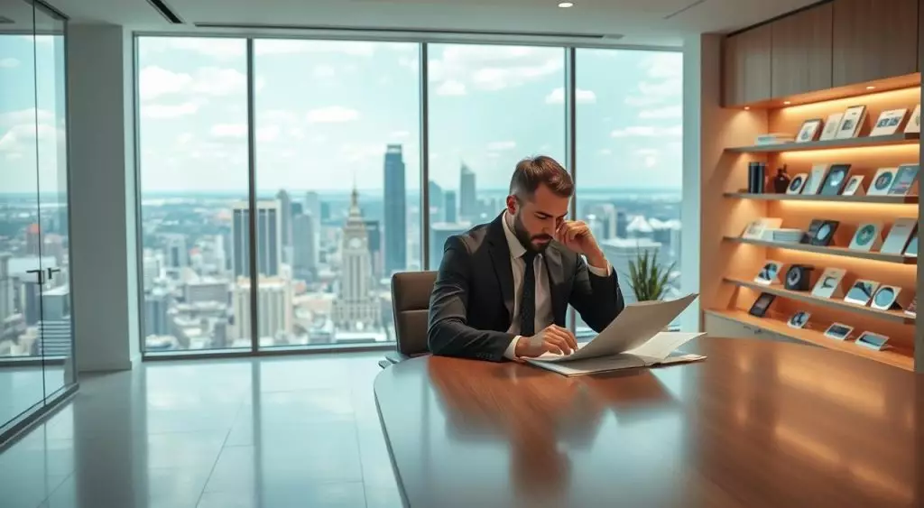 Empréstimo com Garantia de CDB: Crédito Barato Sem Resgatar 2 A modern office interior with a minimalist design and a large window overlooking a cityscape. In the foreground, a well-dressed professional sits at a clean, wooden desk, contemplating financial documents and charts. The middle ground features shelves displaying various investment products, such as certificates of deposit (CDs) and bonds. The background showcases a panoramic view of the bustling city, with skyscrapers and a vibrant skyline, conveying a sense of financial prosperity and opportunity. The lighting is soft and warm, creating a professional yet inviting atmosphere, highlighting the benefits of leveraging investment assets as collateral for low-cost credit.